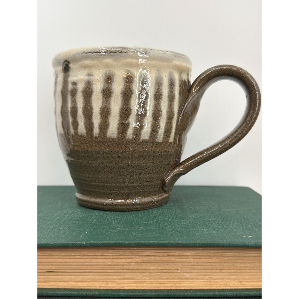 Handmade Studio Pottery Mug Brown White Drip Glaze Striped Stoneware Artisan Cup